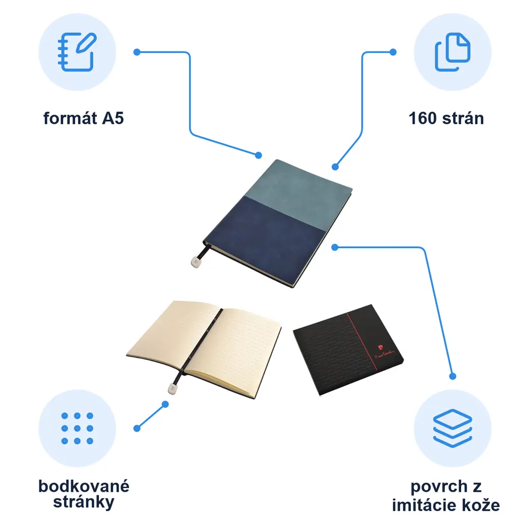 Infografika PIERRE CARDIN REPORTER Poznámkový blok A5, bodkované listy, svetlomodrá/tmavomodrá