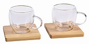 AVENA Sada dvoch sklenených dvojstenných šálok s bambusovými podložkami, 100 ml