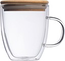 DYLAN Dvojstenný sklenený hrnček s uchom a bambusovým viečkom, 350 ml