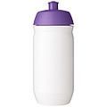Fľaša na pitie 500 ml, telo je biele z pružného plastu, viečko je fialové