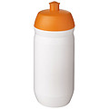 Fľaša na pitie 500 ml, telo je biele z pružného plastu, viečko je oranžové