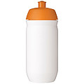 Fľaša na pitie 500 ml, telo je biele z pružného plastu, viečko je oranžové
