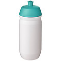 Fľaša na pitie 500 ml, telo je biele z pružného plastu, viečko je tyrkysové
