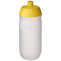 Fľaša na pitie 500 ml, telo je matne priehľadné z mäkkého plastu, viečko je žlté