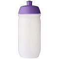 Fľaša na pitie 500ml, telo je matne priehľadné z mäkkého plastu, viečko je fialové