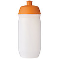 Fľaša na pitie 500ml, telo je matne priehľadné z mäkkého plastu, viečko je oranžové