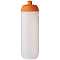 Fľaša na pitie 750ml, telo je matne číre z pružného plastu, viečko je oranžové