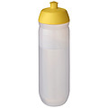 Fľaša na pitie 750ml, telo je matne číre z pružného plastu, viečko je žlté
