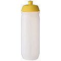 Fľaša na pitie 750ml, telo je matne číre z pružného plastu, viečko je žlté