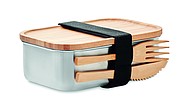 Nerezový lunchbox s bambusovým viečkom a príbormi, 600 ml