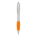 Plastové pero so strieborným telom s farebným pásikom, d. 14 cm, oranžové