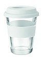 Sklenený hrnček so silikónovým viečkom a krúžkom, 350 ml, biela