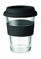 Sklenený hrnček so silikónovým viečkom a krúžkom, 350 ml, čierna