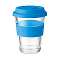 Sklenený hrnček so silikónovým viečkom a krúžkom, 350 ml, modrá
