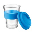 Sklenený hrnček so silikónovým viečkom a krúžkom, 350 ml, modrá