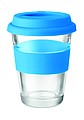 Sklenený hrnček so silikónovým viečkom a krúžkom, 350 ml, modrá