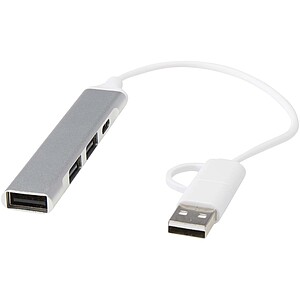 4-portový USB-A a Type-C hub z recyklovaného hliníka s duálnym vstupom, strieborný