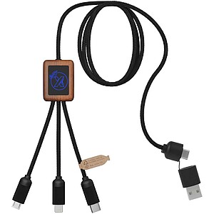 40W nabíjací kábel 5v1 z rPET so svietiacim logom a hranatým dreveným púzdrom SCX.design C38, modrá