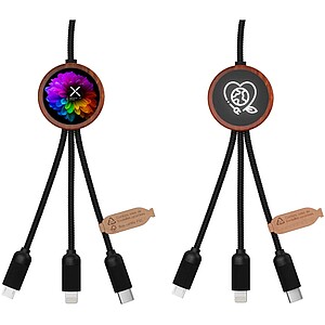 40W nabíjací kábel 5v1 z rPET so svietiacim logom a okrúhlym dreveným púzdrom SCX.design C37, hnedá