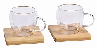 AVENA Sada dvoch sklenených dvojstenných šálok s bambusovými podložkami, 100 ml