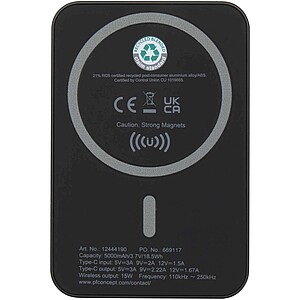 Bezdrátová magnetická powerbanka 5000 mAh 15W s 20W PD – vyrobeno z recyklovaného plastu, černá