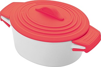 Bílá porcelánová miska, s červený silikonovým víčkem - reklamní předměty