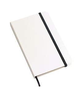 Bílý zápisník A6, 80 linkovaných stran, černá gumička a záložka