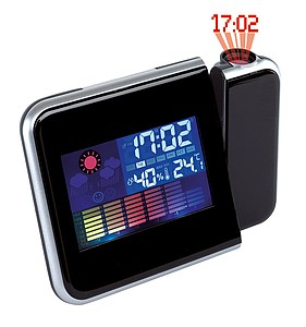Budič, meteostanica, LCD displej, projektor, plast, čierna