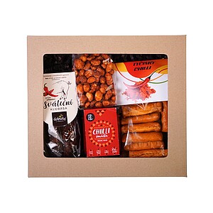 CHILLI Dárková sada - klobáska s chilli, tyčinky s chilli 100 g, oříšky v těstíčku s chilli 100g, chilli omáčka 150 g