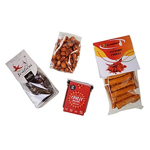 CHILLI Dárková sada - klobáska s chilli, tyčinky s chilli 100 g, oříšky v těstíčku s chilli 100g, chilli omáčka 150 g