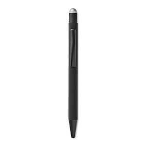 Čierne hliníkové pero, vygravírované logo je rovnakej farby ako stylus, tmavomodrá, strieborná