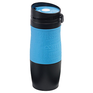 Čierny nerezový termohrnček 380ml, s modrým rukávom