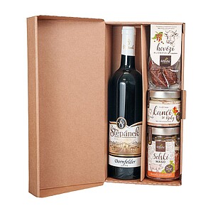 CREUS Dárkové balení (Víno červené Dornfelder 0,75l, Selské maso ve vlastní šťávě, Kančí paštika se šípky, Hovězí klobása s pepřem)