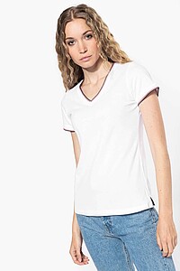 Dámské tričko LADIES PIQUÉ KNIT V-NECK, bílá/námořní modrá/červená, velikost XS