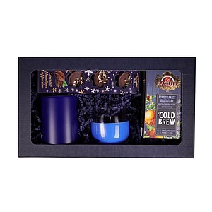 DARELA BLUE Sada obsahující čokoládové pralinky, čaj, svíčku a modrý hrnek, v dárkové krabici
