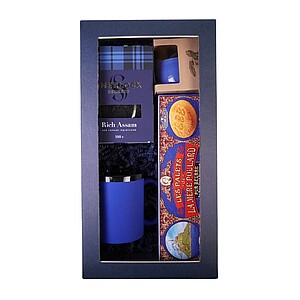 DARELA BLUE Sada obsahující francouzské sušenky, čaj, svíčku a modrý hrnek, v dárkové krabici