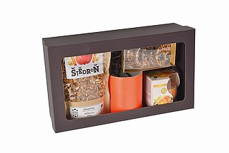 DARELA ORANGE Sada obsahující čokoládové pralinky, čaj, svíčku a oranžový hrnek, v dárkové krabici