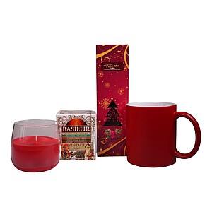 DARELA RED Sada obsahující čokoládové pralinky, čaj, svíčku a červený hrnek, v dárkové krabici