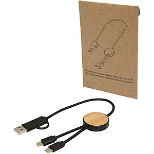 Dátový synchronizačný a rýchlonabíjací 27W kábel 5 v 1 z recyklovaného plastu dĺžky 30 cm s bambusovými detailmi, čierny
