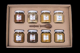 DEGMED Dárková sada degustačních medů 8 x 170 g s dřevěnou lžičkou