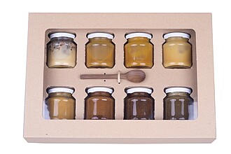 DEGMED Dárková sada degustačních medů 8 x 170 g s dřevěnou lžičkou