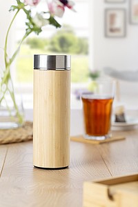 Dvojitá bambusová termoska. Objem 420ml. Středně hnědá,