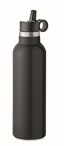 Dvojstenná fľaša na pitie 700ml, s integrovanou slamkou, čierna