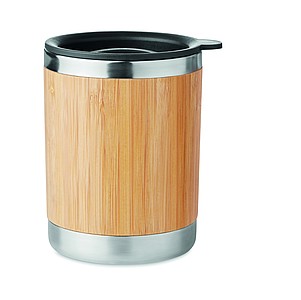Dvojstenný nerezový termohrnček s viečkom a bambusovým povrchom, 250 ml