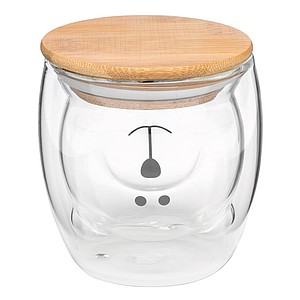 Dvojstenný sklenený hrnček s bambusovým viečkom, vnútorná stena v tvare medvedíka, 250ml