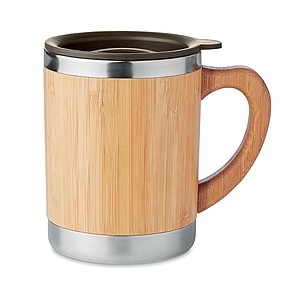Dvojvrstvový nerezový termohrnček, 300ml, plastové viečko, vonkajšia vrstva z bambusu