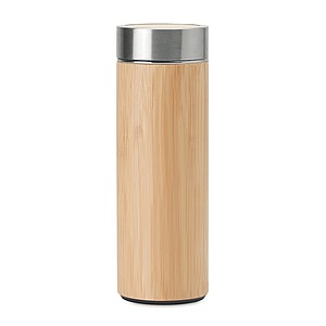 Dvoustěnná nerezová láhev s bambusovým povrchem, 400 ml, přídavný čajový infuzer