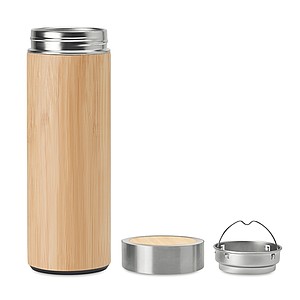 Dvoustěnná nerezová láhev s bambusovým povrchem, 400 ml, přídavný čajový infuzer