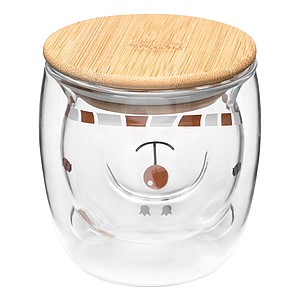 Dvoustěnný skleněný hrnek s vnitřní stěnou ve tvaru medvídka se zimní šálou, bambusové víčko, 250ml