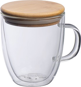 DYLAN Dvojstenný sklenený hrnček s uchom a bambusovým viečkom, 350 ml
